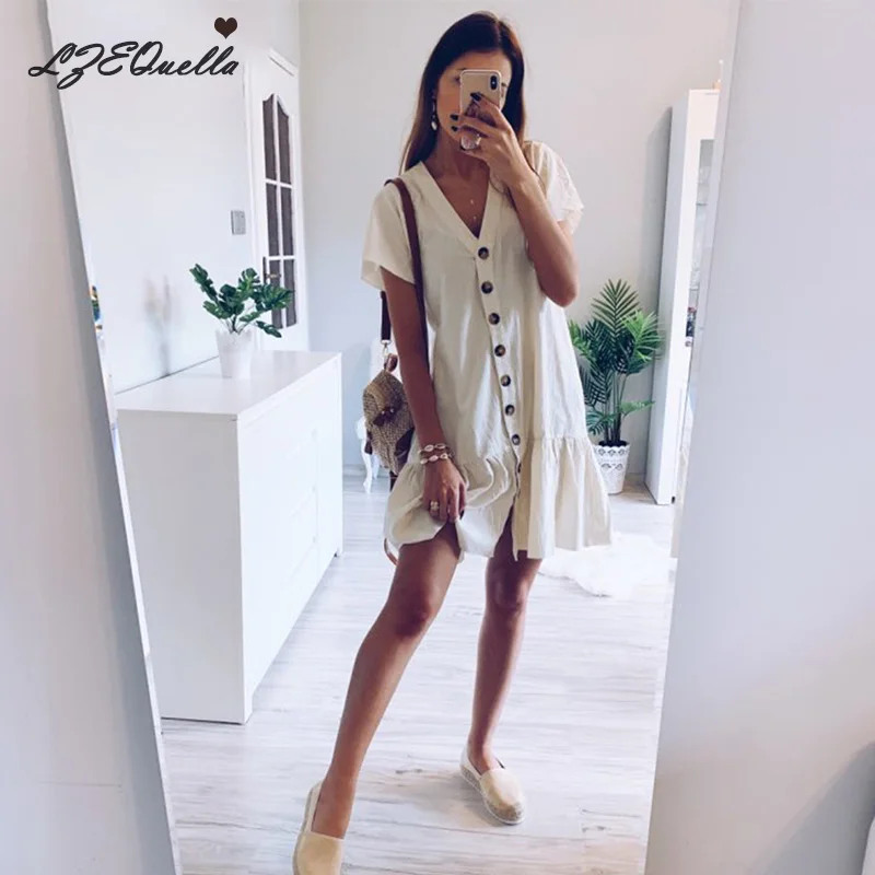 Женское платье-рубашка lzequeella однотонное винтажное с коротким рукавом и