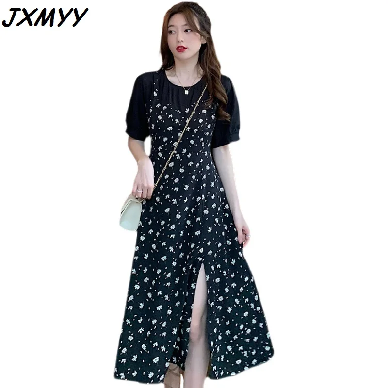

2021 Fashion Summer New Plus Size Women's Fat Sister French Chiffon Stitching Slim Short-Sleeved Floral Comfortable Dress JXMYY