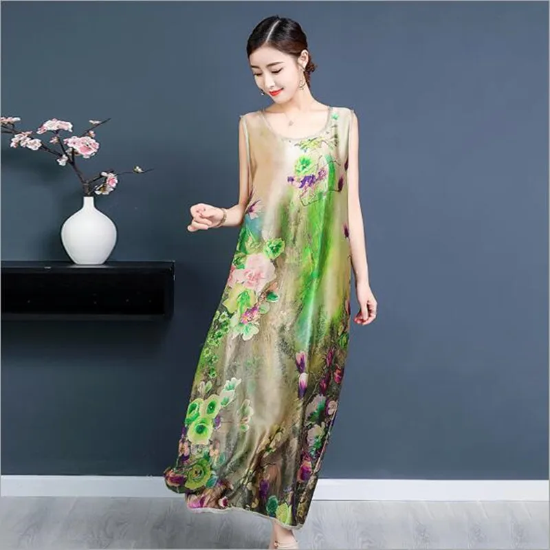 

chiffon silk vintage floral print plus size clothes women casual loose long summer dress vestido 2018 dresses QC422