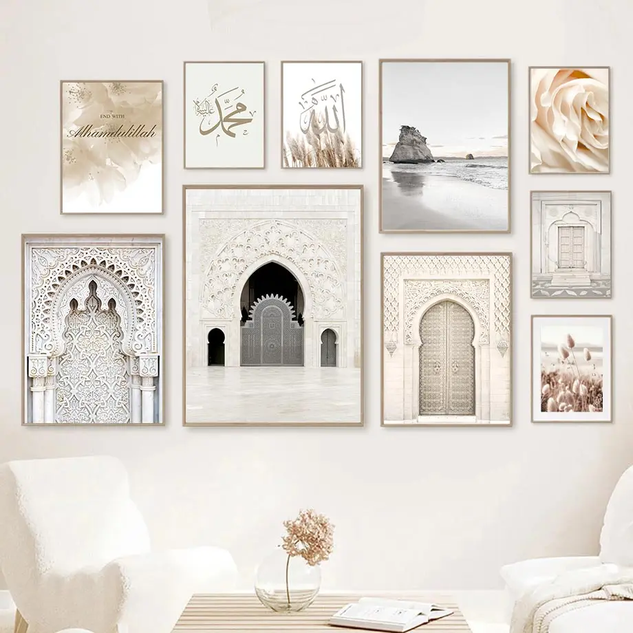 

Islamic Architecture Landscape Poster Mosque Door Wall Art Canvas Painting Flower Calligraphy Pictures Print Living Room Decor