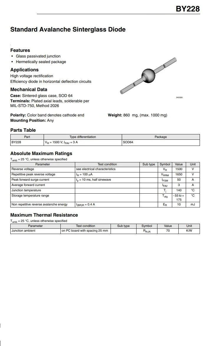 Диод из лавинного спекационного стекла BY228 BY228TAP BY228TR BY228-TAP BY228-TR SOD-64 - купить по