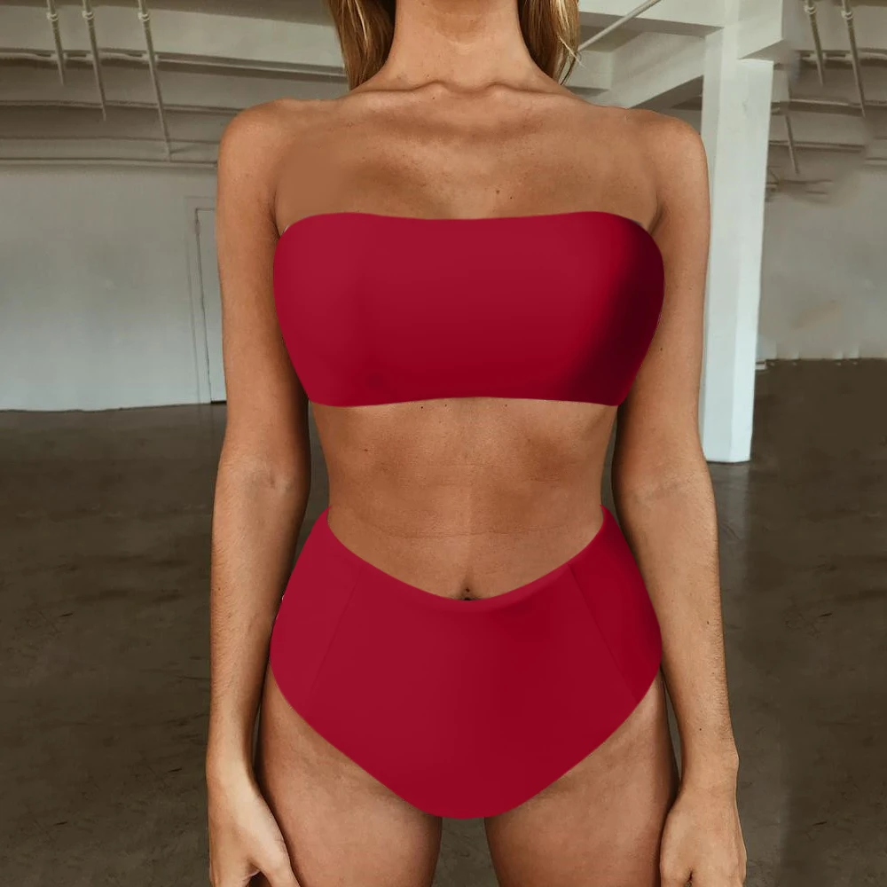 

Solid Bandeau Brazilian Bikini High Waist Swimsuit Swimwear Women Push Up Bathing Suit Women Maillot De Bain Femme