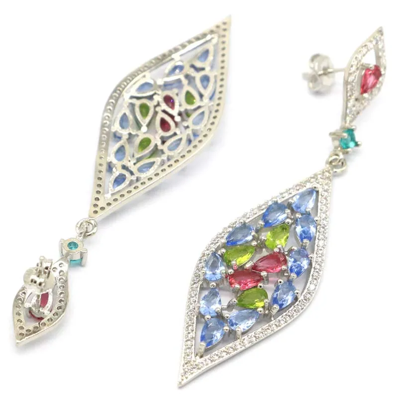 Женские серебряные серьги 67x17 мм Разноцветные из розового граната перидота