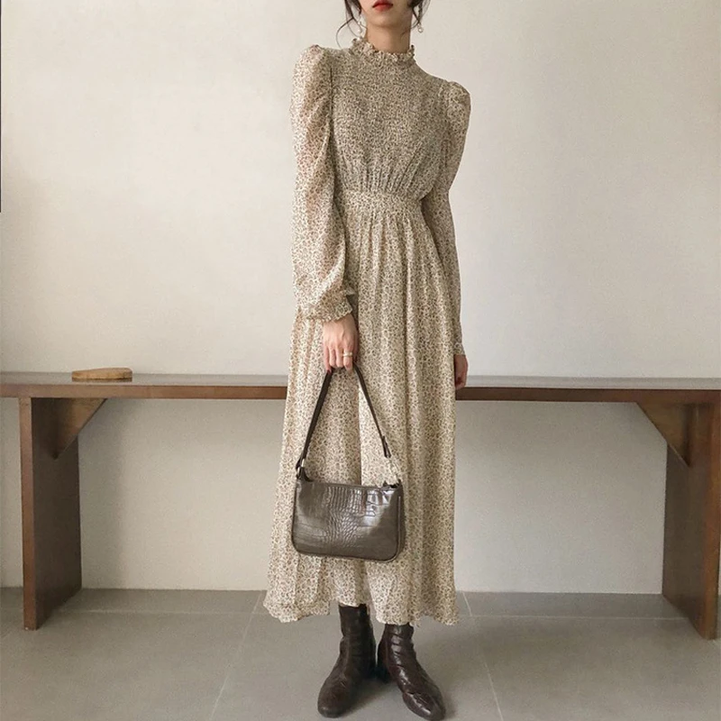 

BGTEEVER Vintage Stand Collar Ruched Sleeve A-line Dress Women Floral Print Elastic Waist Female Dress Spring Vestidos femme 202