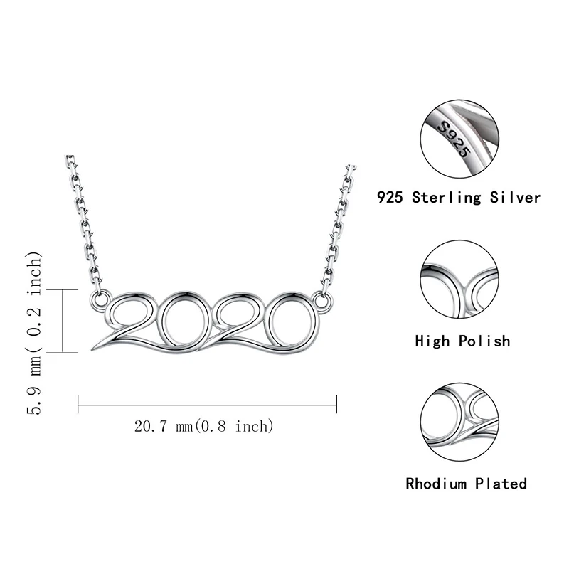 

925 Sterling Silver Pendant Necklace Year Pendant Chain Souvenir 2020 Cubic Zirconia Necklace For Women Anniversary Fine Jewelry