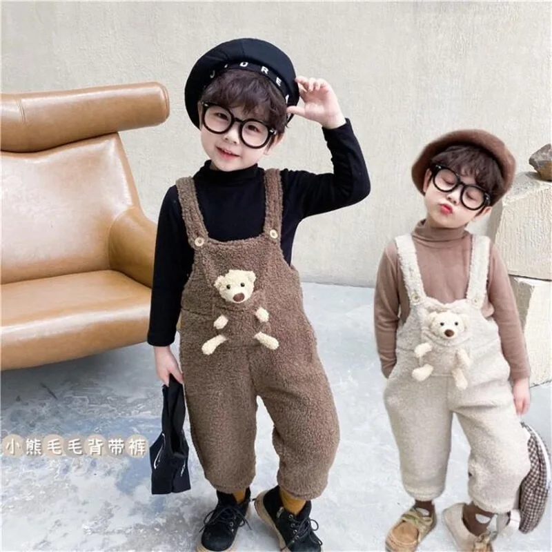 Зимние теплые комбинезоны для мальчиков и девочек с милым мультяшным медведем