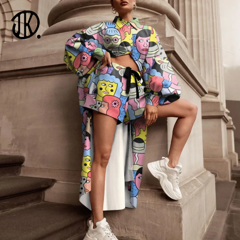 

Autumn Casual Two Piece Set Human Face Print Button Blouse + Lace Up Shorts Suits 2021 Elegant Full Sleeve 2 Piece Shirt Outfits