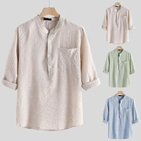 2021 new linen short sleeve mens shirts spring summer striped slim fit stand collar shirt male clothes plus size 5xl helisopus