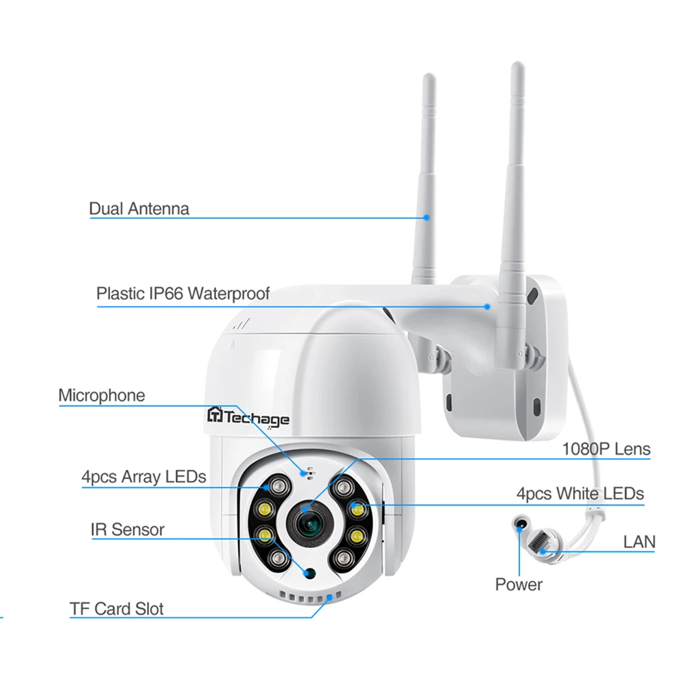 Купольная PTZ камера Techage беспроводная IP с датчиком движения 1080P Wi Fi двухстороннее