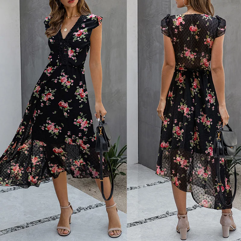 Летнее цветочное платье для женщин Двухслойное кружевное женское с оборками без