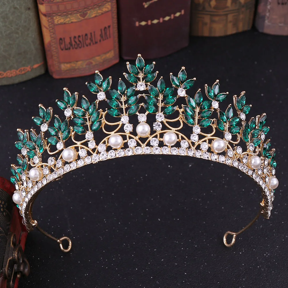 Gold Green KMVEXO барокко Роскошный горный хрусталь свадебная тиара из жемчуга Корона диадема с кристаллами вуаль тиары свадебные аксессуары для волос головное украшение - Окраска металла: Gold Green