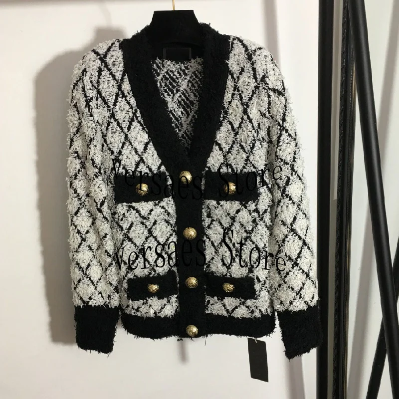 

21 luxury design rough edge rhombic checkered metal button fashion women's long sleeved cardigan Versatile Single breasted coat