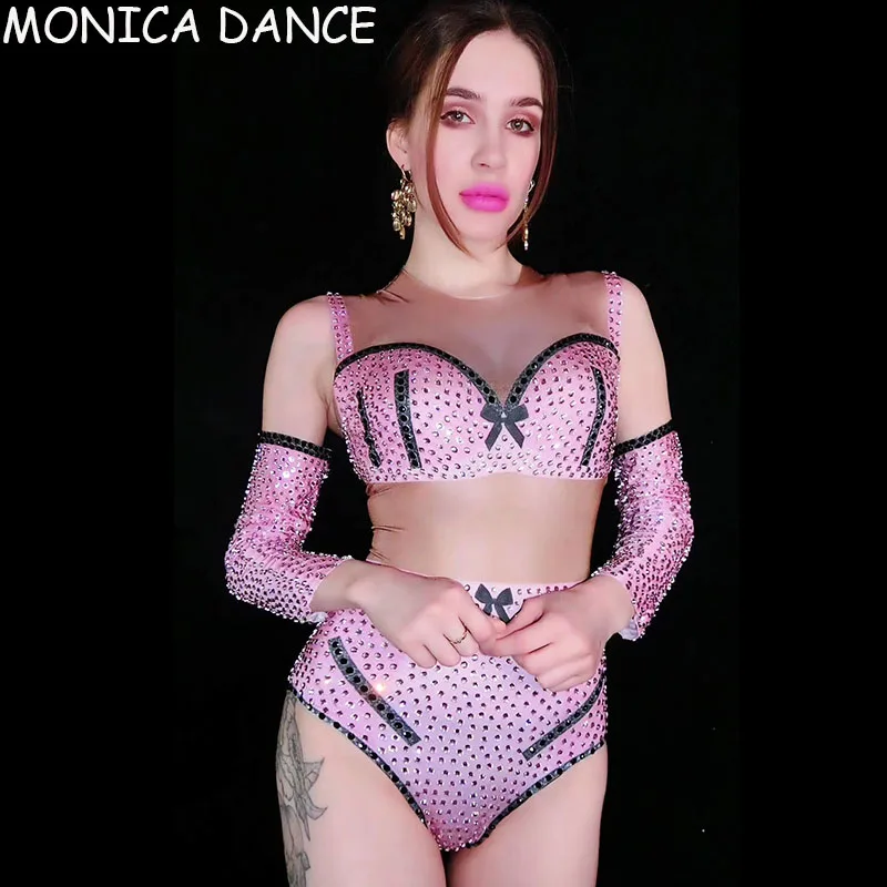 Nightclub Pink Rhinestone Bikini Pattern Bodysuit Gloves Birthday Festival Prom Party Outfit Bar Women Dancer Team Dance Wear