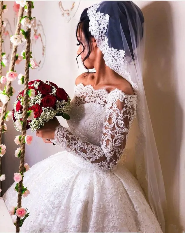 Saudi Arabic Vintage Ball Gown Lace Wedding Dresses 2020 Luxury Off Shoulder chapel Train Bridal Gowns Vestidos De Novia | Свадьбы и