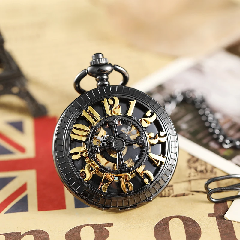 Retro Hollow Arabic Numeral Dial Mechanical Pocket Watch with FOB Chain Vintage Classical Men's Clock 2021 New