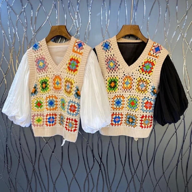 Tops Fashion Women's Set 2021 Spring Summer Suit Ladies Lantern Sleeve Linen Shirts+Crochet Knitting Vest Coats Casual 2 Pc Set