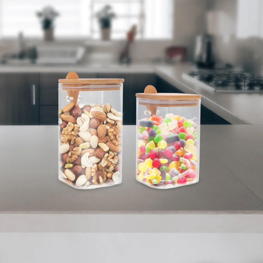 

2Pcs Home Glass Grain Storage Cans with Wood Cover and Spoon (Transparent)