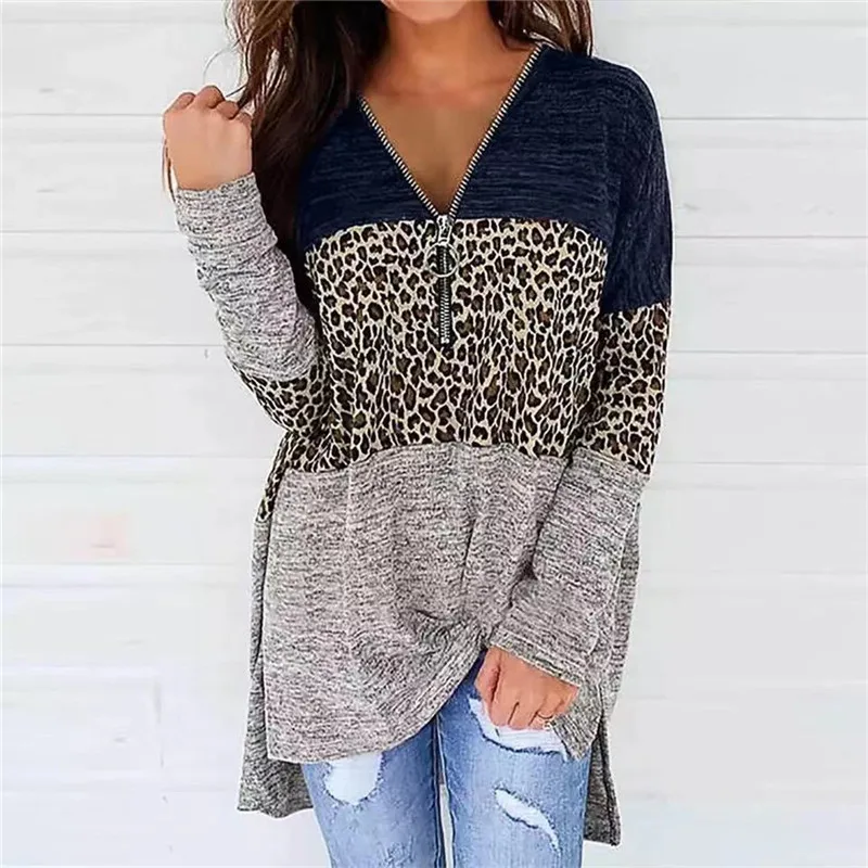 

Women Long Sleeve T-Shirts Casual Loose Irregular Tops Fashion Leopard Printed Pullover Sexy V-Neck Zipper T-Shirts Lady Tops