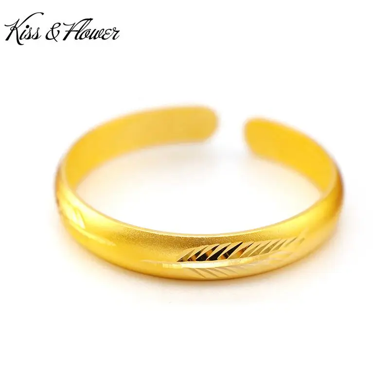 

KISS&FLOWER BR43 2022 Fine Jewelry Wholesale Fashion Woman Birthday Wedding Gift Feather Round 24KT Gold Opening Bracelet Bangle