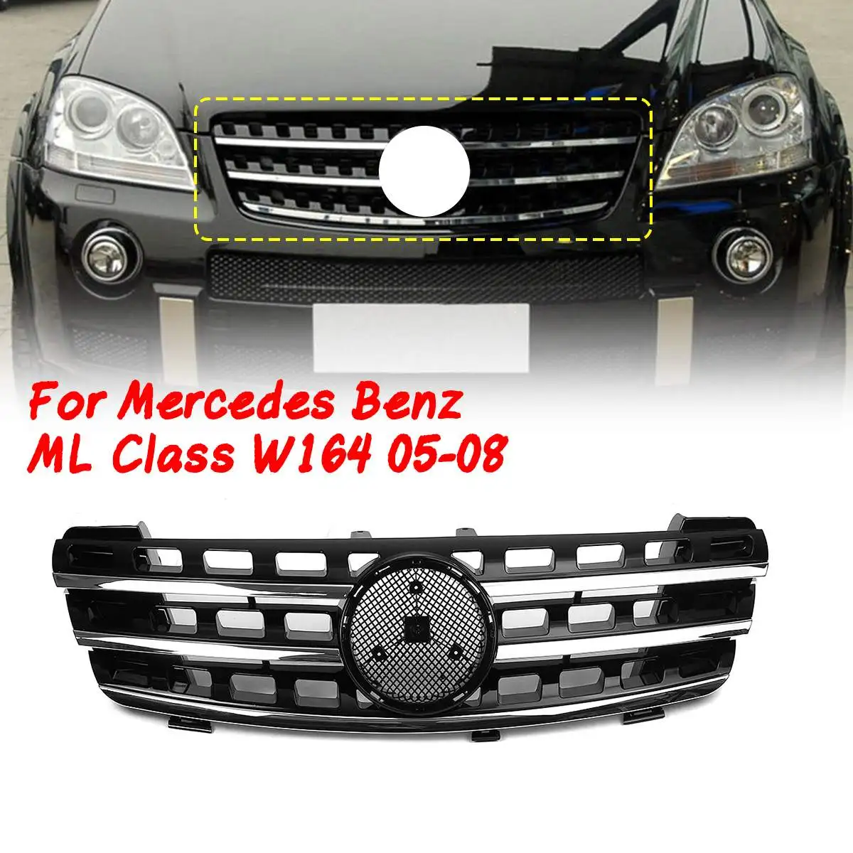 Передний бампер автомобиля верхняя решетка решетки для Mercedes-Benz ML Класс W164 2005 2006 2007 2008 3 ребра передний капот черный хром