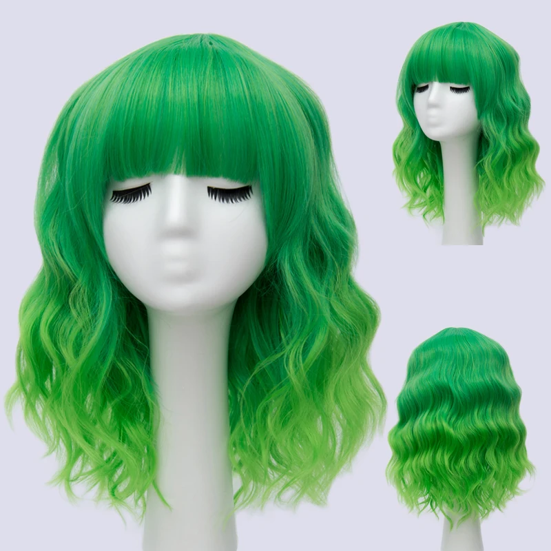GAKA Synthetic Hair Women's Short Curly Green Purple Cosplay Wig with Bangs Heat-resistant Wig