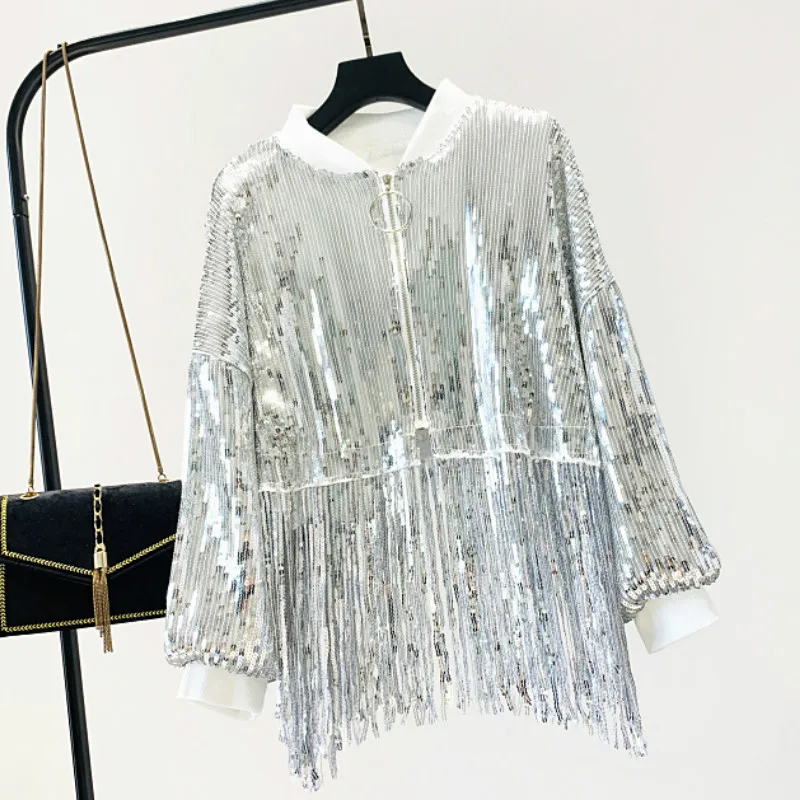 Куртка-бомбер с блестками сетчатый асимметричный кардиган на молнии бахромой и