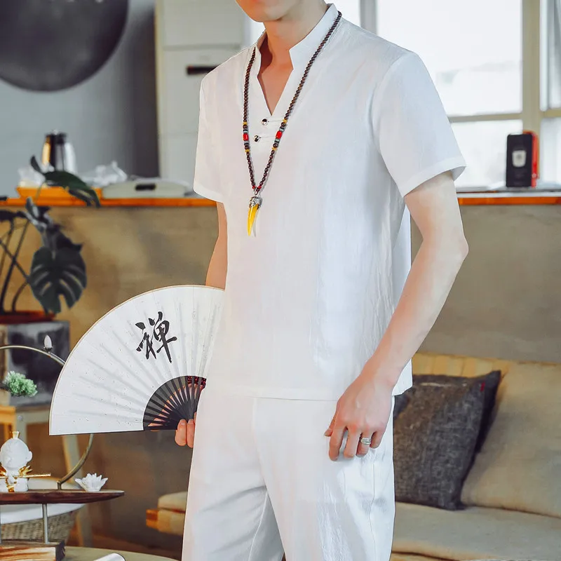 Summer new men two-piece set black retro t shirt and Ankle-Length pants cotton linen fabric mens sets Large size 5xl | Мужская одежда