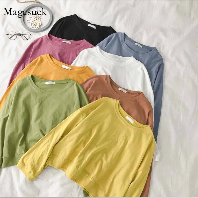 Loose Casual O-neck Thin Tops Short Sweetshirts Plus Size Early Autumn New Korean Style Simple Solid Color Women Clothing 11751