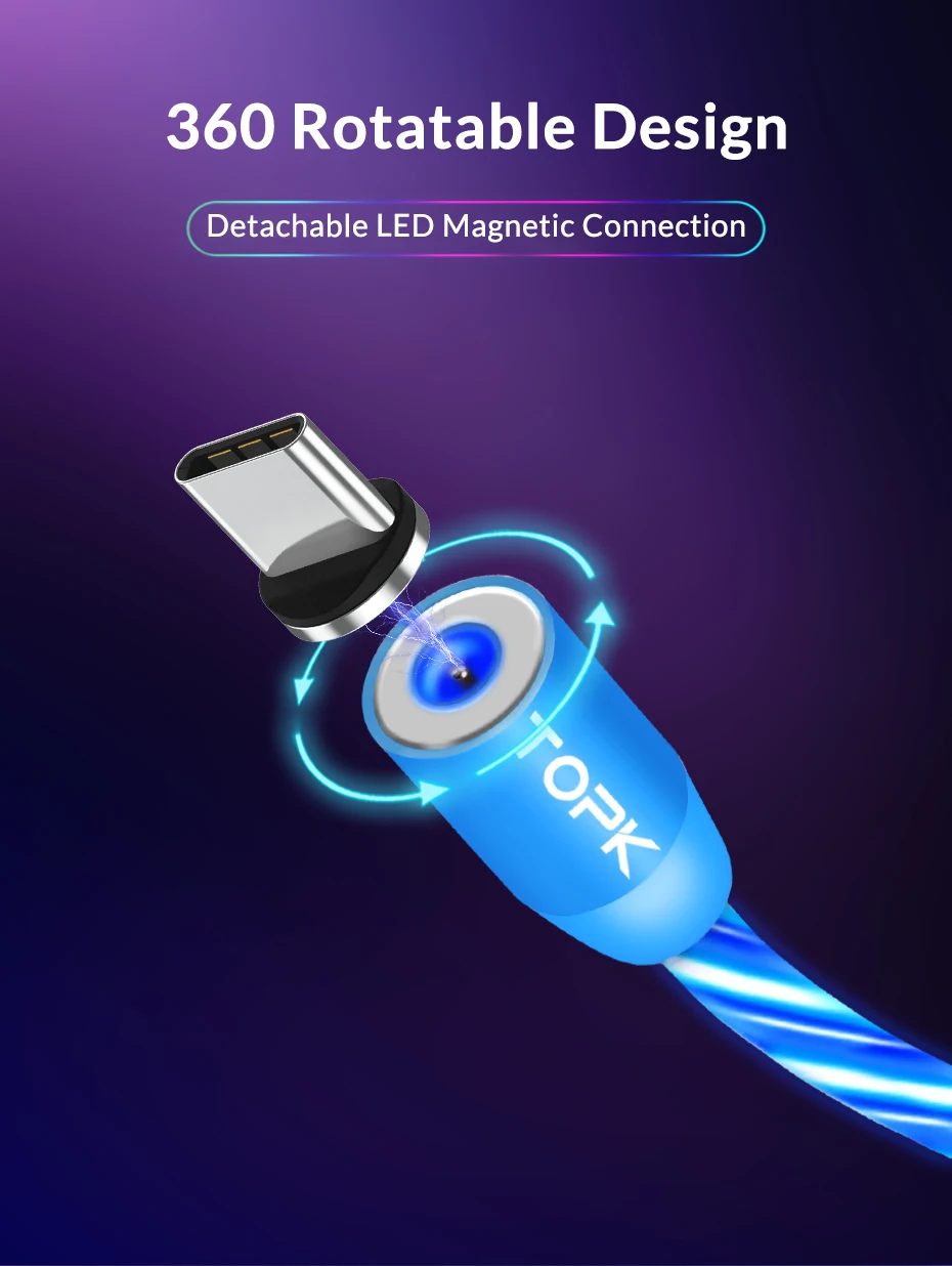TOPK Flow светящийся Магнитный кабель Micro usb type C для iPhone XR Xs MAX 8 7Plus 5 магнитное зарядное устройство кабель для быстрой зарядки USB-C