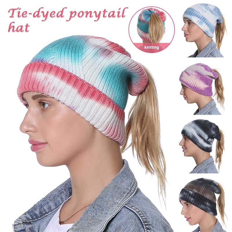

Women Tie Dye Beanies Solid Winter Knitted Beanies Hat Stitching Outdoor Hats Crochet Knit Cross Beanie Cap LL@17