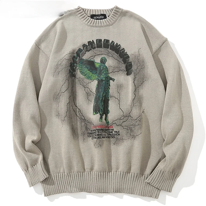 

Men Hip Hop Knitted Jumper Sweaters Angel Lightning Printed Streetwear Harajuku Autumn Oversize Hipster Casual Pullovers
