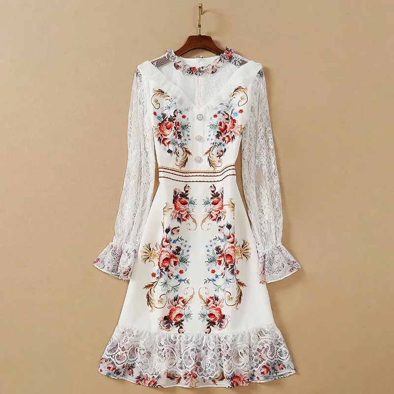 

QUALITY New HIGH 2021 Designer Runway Women's O-Neck Petal Sleeve Ruffles Lace Print dress