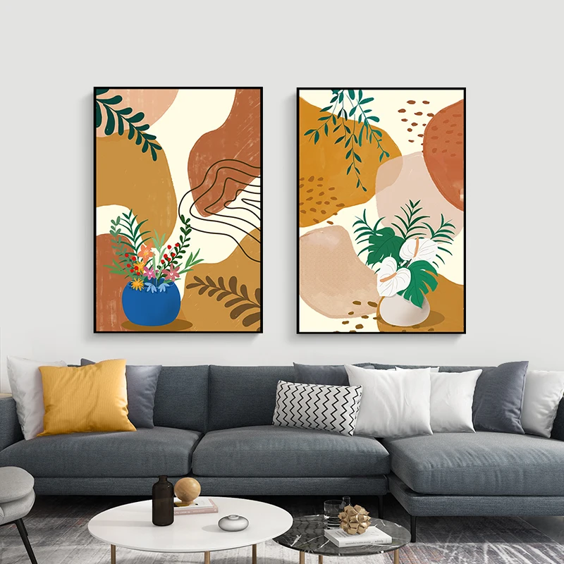 

Abstract Green Leaves Plant Vases Flower Line Wall Art Prints Canvas Painting Nordic Poster Pictures For Living Room Decoration