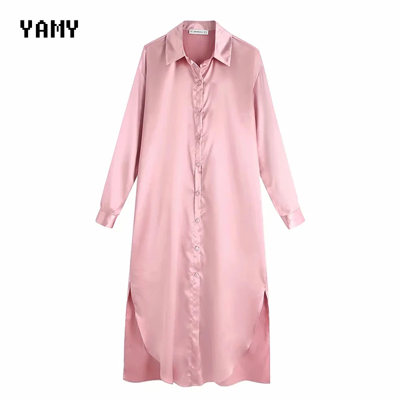 Новинка женское Шелковистое длинное платье рубашка с длинным рукавом и отложным