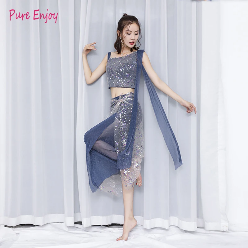 

Танец живота новый набор блесток вышивка сетка марлевые юбки сексуальная элегантная фея практика танца живота одежда 2 шт.