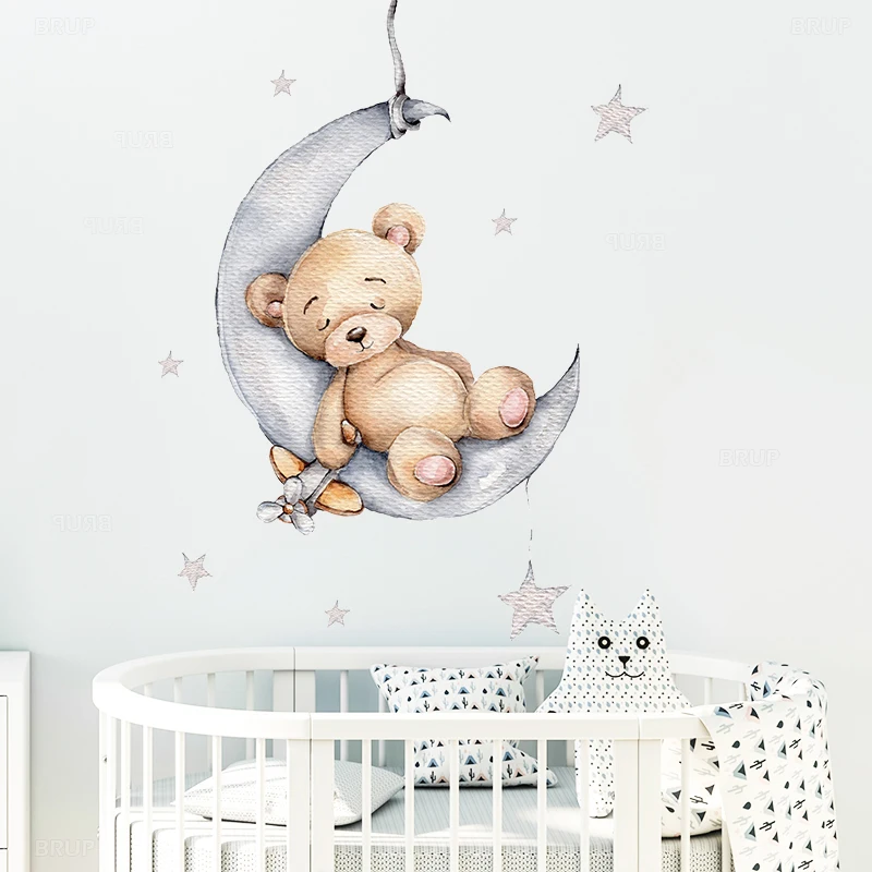 

Cartoon Teddy Bear Sleeping on the Moon and Stars Wall Stickers for Kids Room Baby Room Decoration Wall Decals Room Interior
