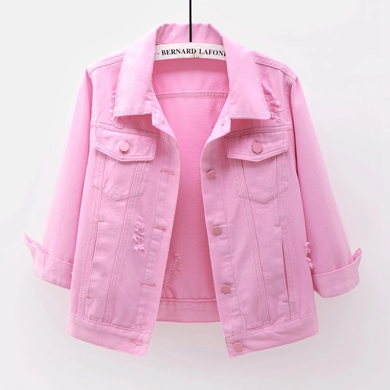 

Fashion White Pink Denim Jacket Women Casual Slim Short Student Outwear Chaqueta Mujer Harajuku Holes Jeans Jacket Coat Female