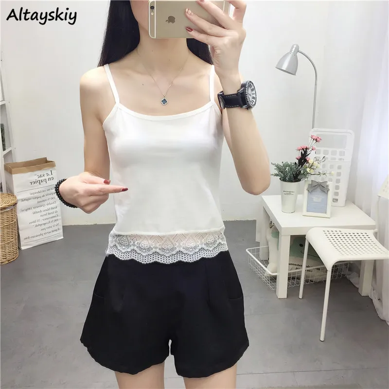 

Sexy Casual Camisoles Women Solid Elegant Lace All-match Slender Spaghetti Strap Popular Summer Chic Tank Tops Streetwear Daily