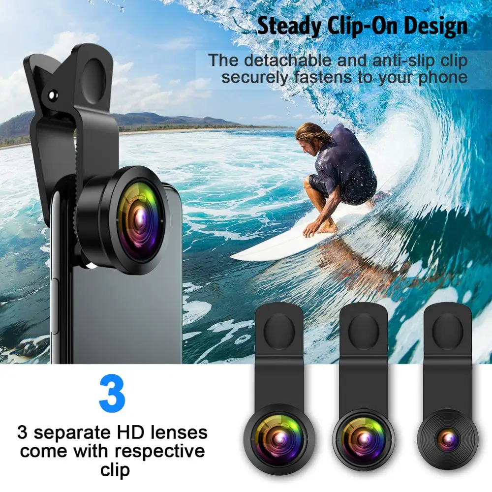 

3 in 1 Phone Camera Lens 0.4X Super Wide Angle Lens 195Fisheye Lens 15X Macro Lens Cell Phone Camera Lens