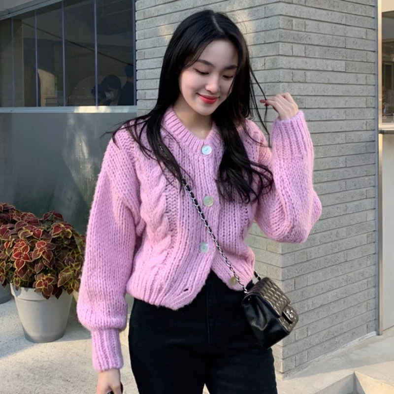 Корейский вязаный кардиган милая розовая кожа однобортный дизайн Теплый Твист