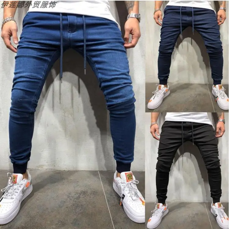 

3 colors men pants jeans jogging clothing street pleated stretch blue black waistband rope loose fat casual trendy casual pants