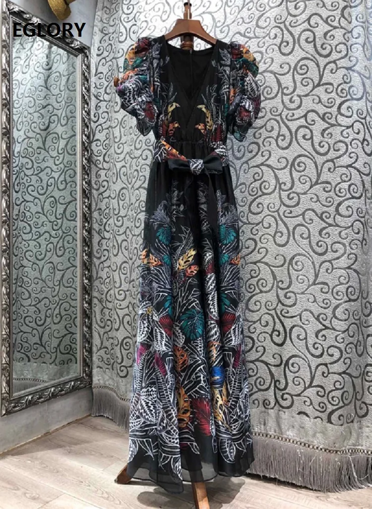 

Floor Length Dress 2021 Spring Summer Runway Style Women V-Neck Vintage Print Bow Belt Deco Short Sleeve Casual Silk Maxi Dress