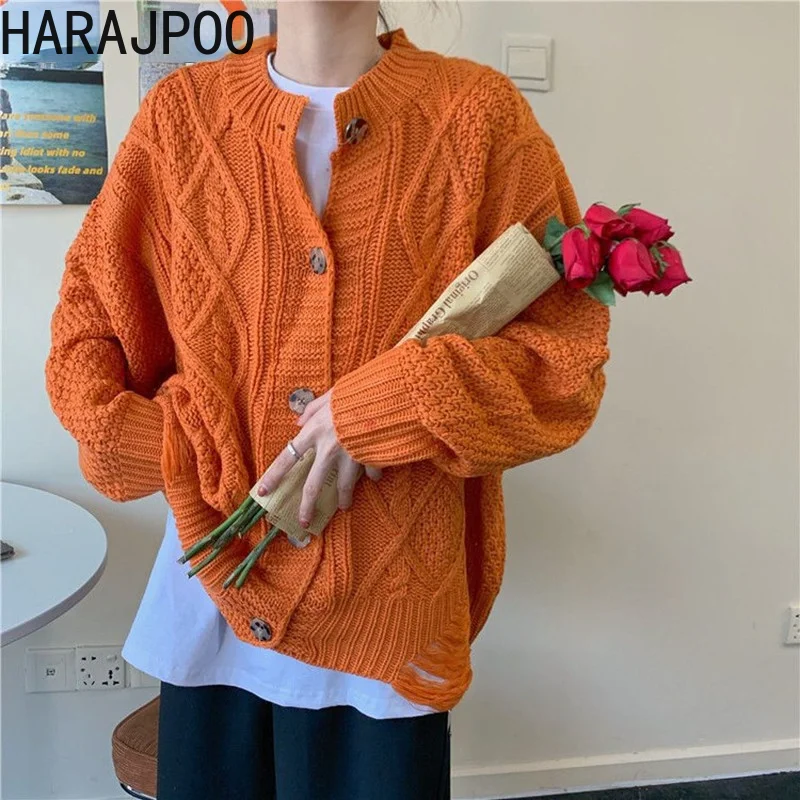 

Harajpoo Cardigans Women Solid Knitwear Simplee 2021 Autumn Winter New Korean Fashion Loose O Neck Long Sleeve Casual Clothing
