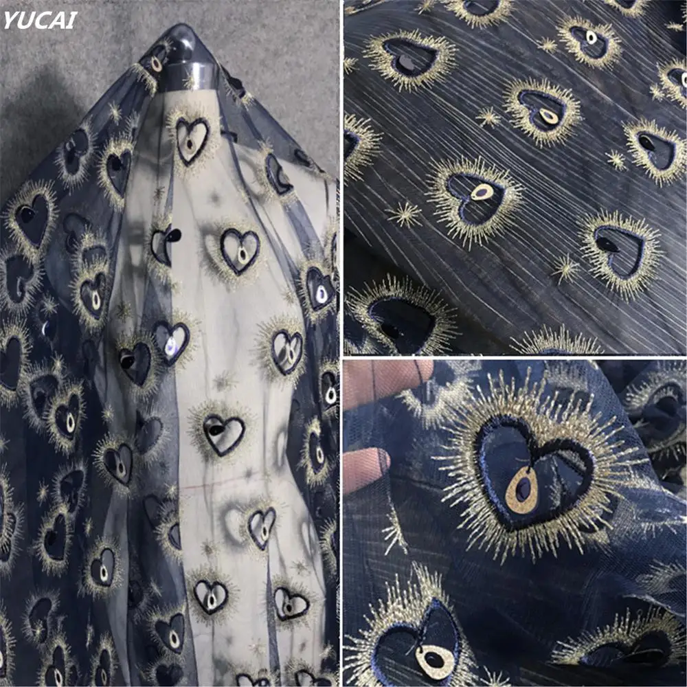 45x150 см Тюль Ткань Синяя золотая вышивка сердце с блестками сетка свадебное