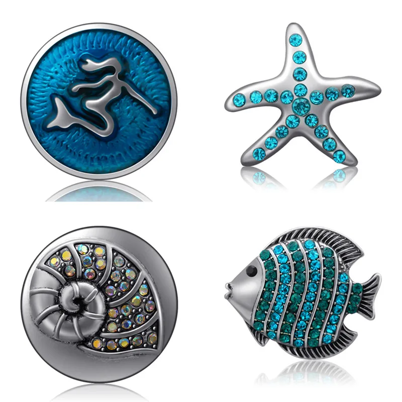 

New Blue Mermaid Fish conch Starfish dolphin Round metal 18MM snap buttons fit 18mm snap bracelet snap jewelry wholesale