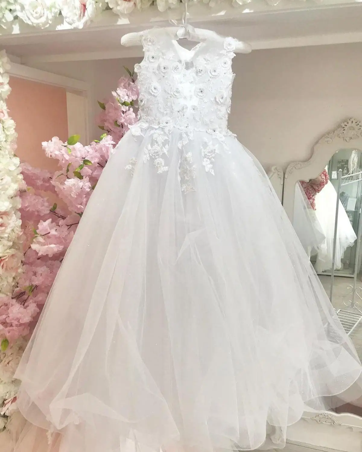 

Белое платье для девочки с цветочным принтом, Кружевная аппликация, 3D Цветы, детское платье для первого причастия, Пышное Платье