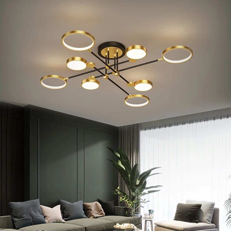 

Modern led chandelier with remote control is used for living room, bedroom, black gold frame ceiling lamp and indoor lighting