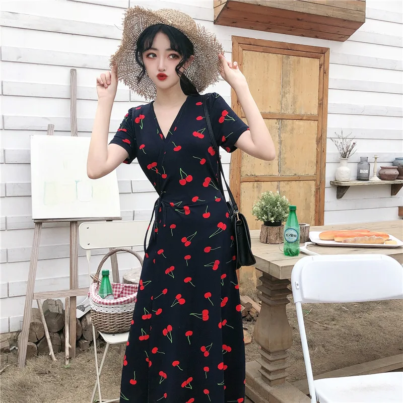 

Beach Outing Dress for Women Cherry Print A Line V Neck Summer Spring Vacation Elegant Feminino Vestidos Midi Mujer Verano 2021