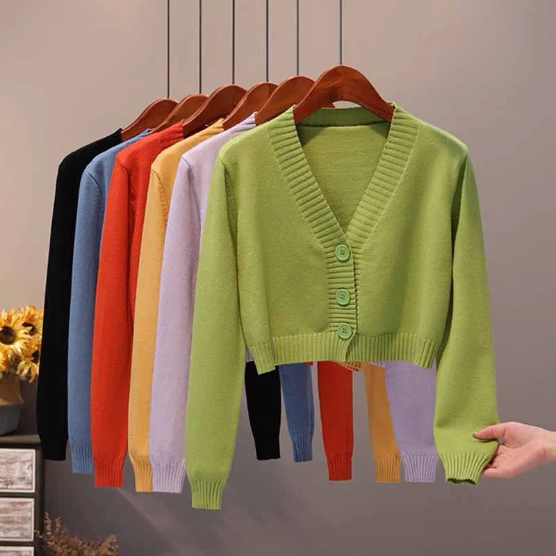 

Вязаный Укороченный кардиган, женский короткий свитер в Корейском стиле, Однотонный женский свитер с длинным рукавом и V-образным вырезом з...