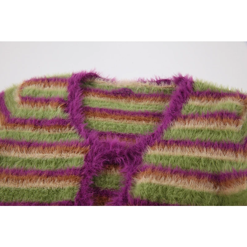 Укороченный мохеровый полосатый облегающий свитер сексуальный Кардиган с